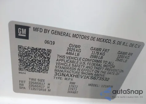 2019 Chevrolet Equinox Ls z USA, uszkodzony, nr VIN 3GNAXHEV1KS673532